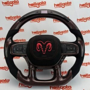 2019+ RAM 1500 Rebel Custom Red Reflective Carbon Fiber Steering Wheel | OEM Flat Bottom | Heated | LED Shift Lights | Italian Alcantara
