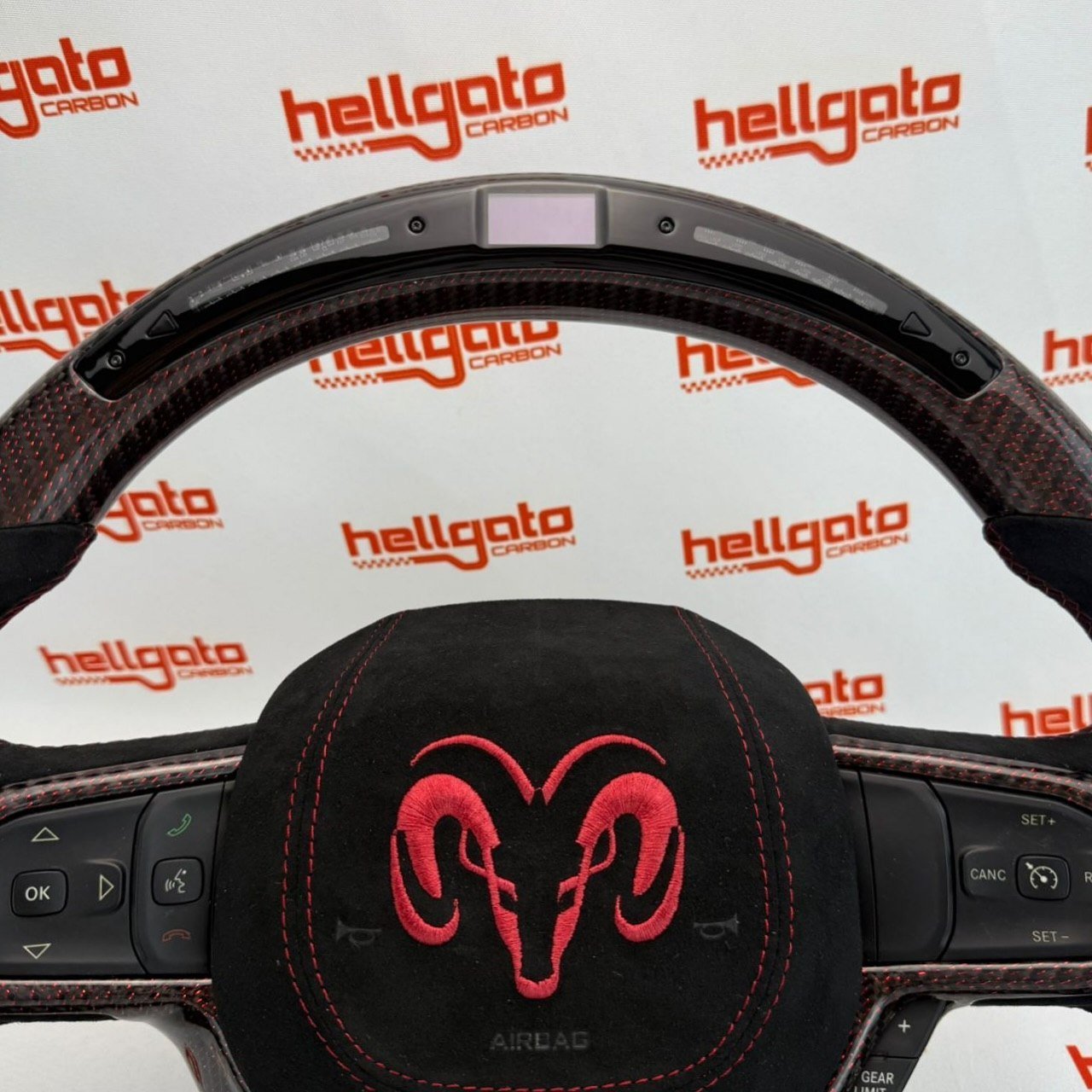 2019+ RAM 1500 Rebel Custom Red Reflective Carbon Fiber Steering Wheel | OEM Flat Bottom | Heated | LED Shift Lights | Italian Alcantara - Image 3