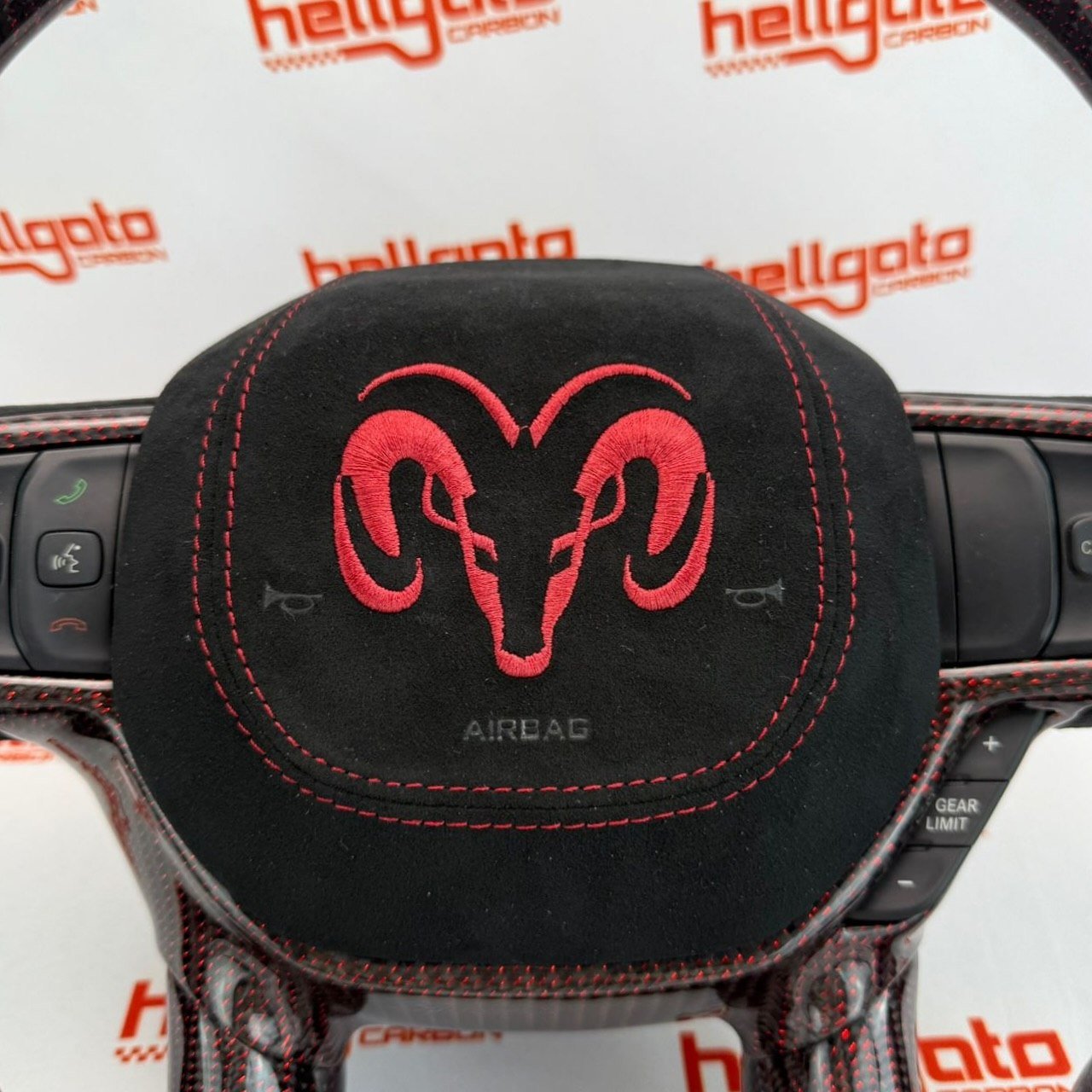 2019+ RAM 1500 Rebel Custom Red Reflective Carbon Fiber Steering Wheel | OEM Flat Bottom | Heated | LED Shift Lights | Italian Alcantara - Image 4