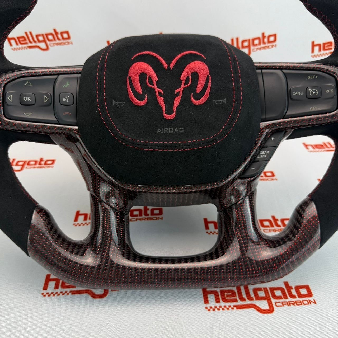 2019+ RAM 1500 Rebel Custom Red Reflective Carbon Fiber Steering Wheel | OEM Flat Bottom | Heated | LED Shift Lights | Italian Alcantara - Image 5