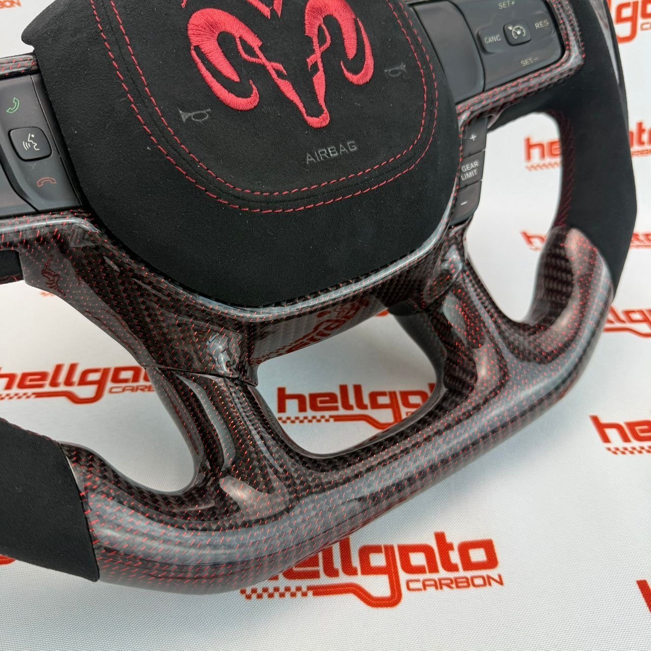 2019+ RAM 1500 Rebel Custom Red Reflective Carbon Fiber Steering Wheel | OEM Flat Bottom | Heated | LED Shift Lights | Italian Alcantara - Image 9