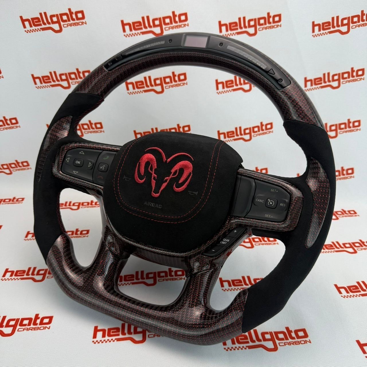 2019+ RAM 1500 Rebel Custom Red Reflective Carbon Fiber Steering Wheel | OEM Flat Bottom | Heated | LED Shift Lights | Italian Alcantara - Image 11