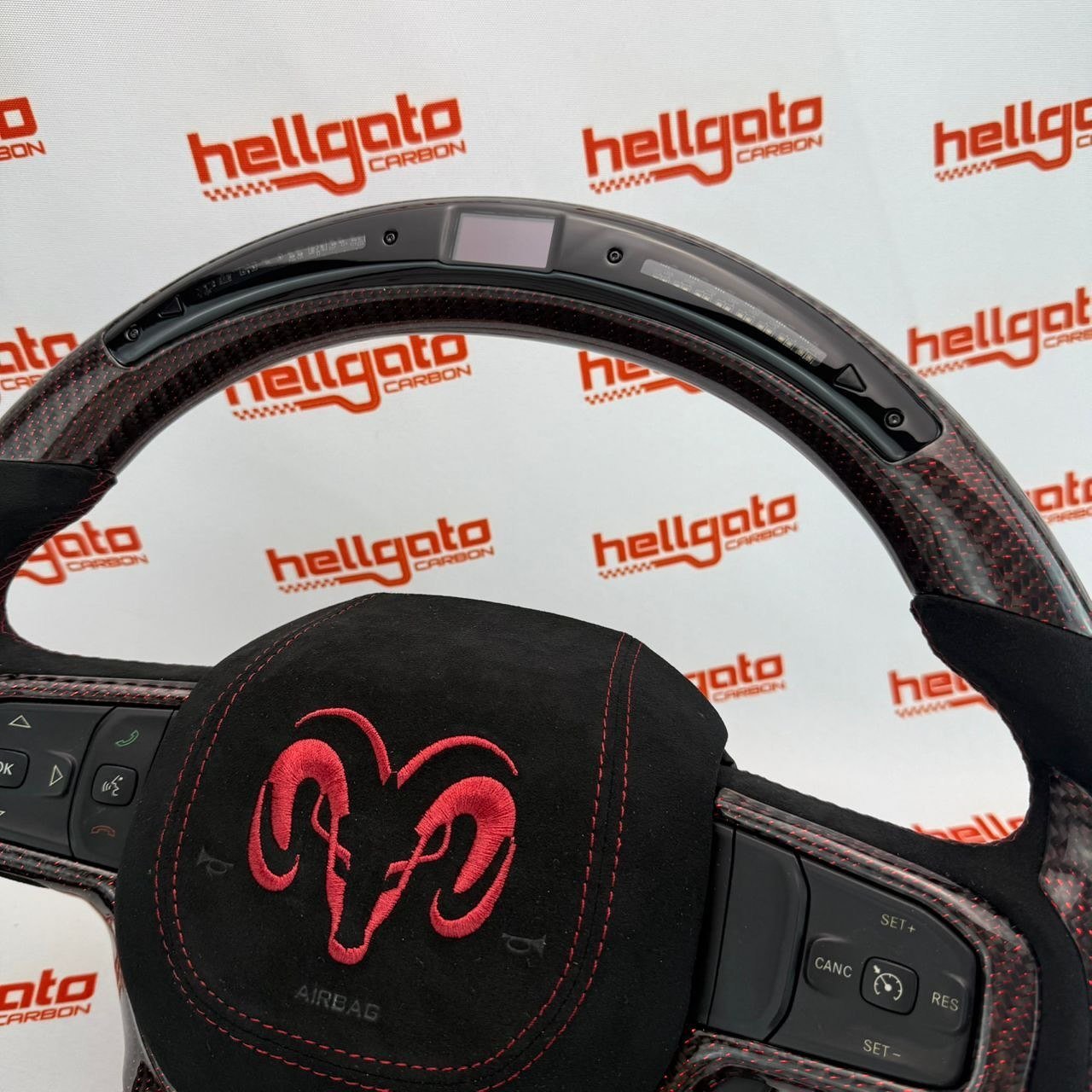 2019+ RAM 1500 Rebel Custom Red Reflective Carbon Fiber Steering Wheel | OEM Flat Bottom | Heated | LED Shift Lights | Italian Alcantara - Image 12