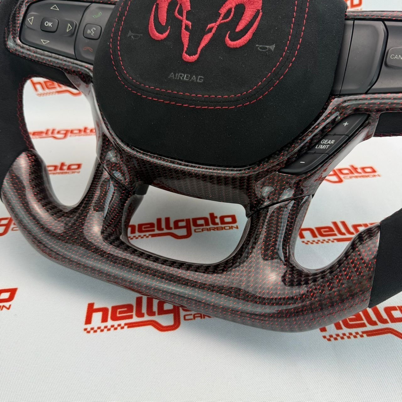 2019+ RAM 1500 Rebel Custom Red Reflective Carbon Fiber Steering Wheel | OEM Flat Bottom | Heated | LED Shift Lights | Italian Alcantara - Image 14