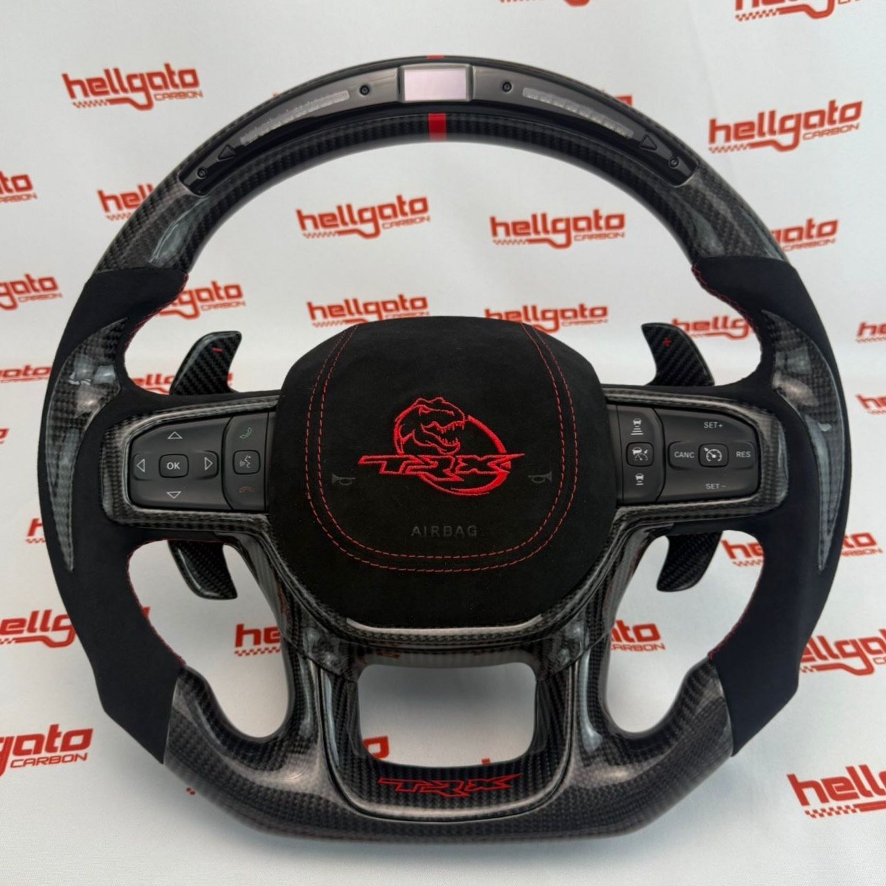 RAM TRX Custom Gloss Black Carbon Fiber Steering Wheel | Genuine OEM Flat Bottom | LED Shift Lights | Italian Alcantara