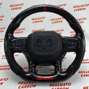2021+ RAM 1500 Rebel Custom Black Forged Carbon Fiber Steering Wheel | OEM Flat Bottom | Heated | Rebel Edition