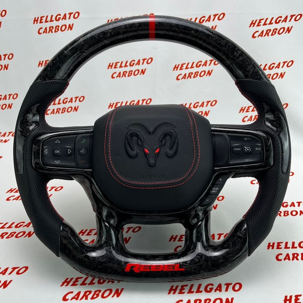 2021+ RAM 1500 Rebel Custom Black Forged Carbon Fiber Steering Wheel | OEM Flat Bottom | Heated | Rebel Edition