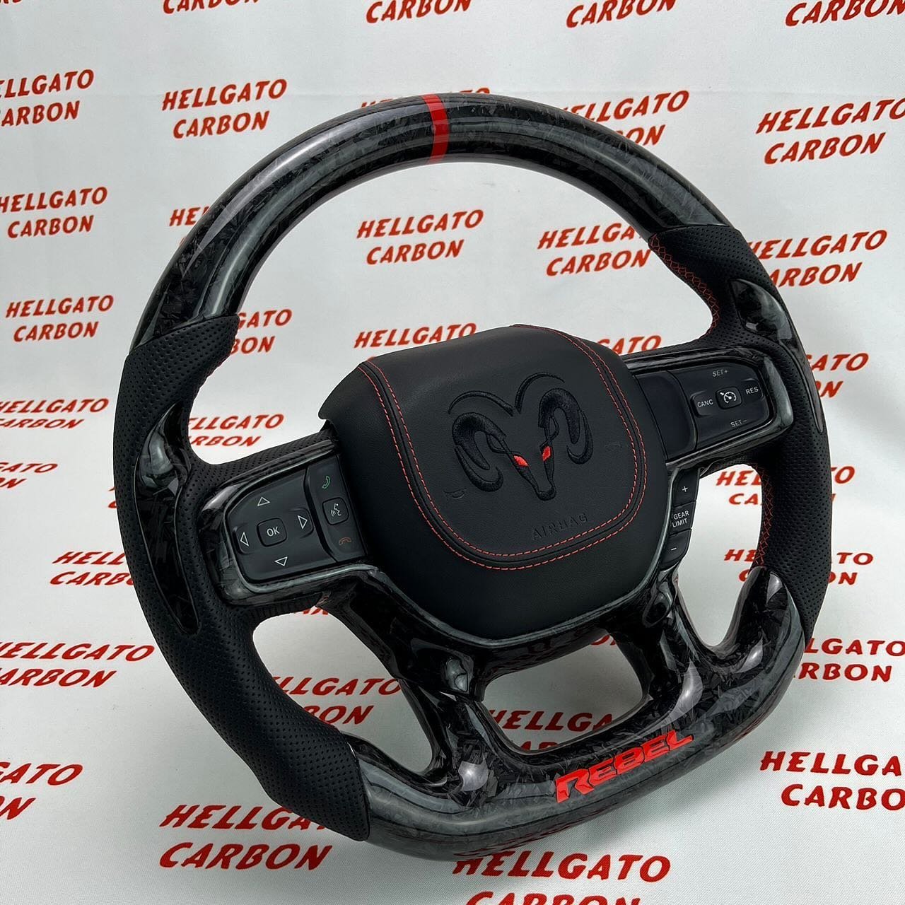 2021+ RAM 1500 Rebel Custom Black Forged Carbon Fiber Steering Wheel | OEM Flat Bottom | Heated | Rebel Edition - Image 3