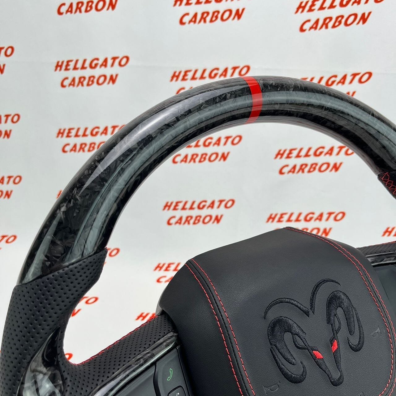 2021+ RAM 1500 Rebel Custom Black Forged Carbon Fiber Steering Wheel | OEM Flat Bottom | Heated | Rebel Edition - Image 4