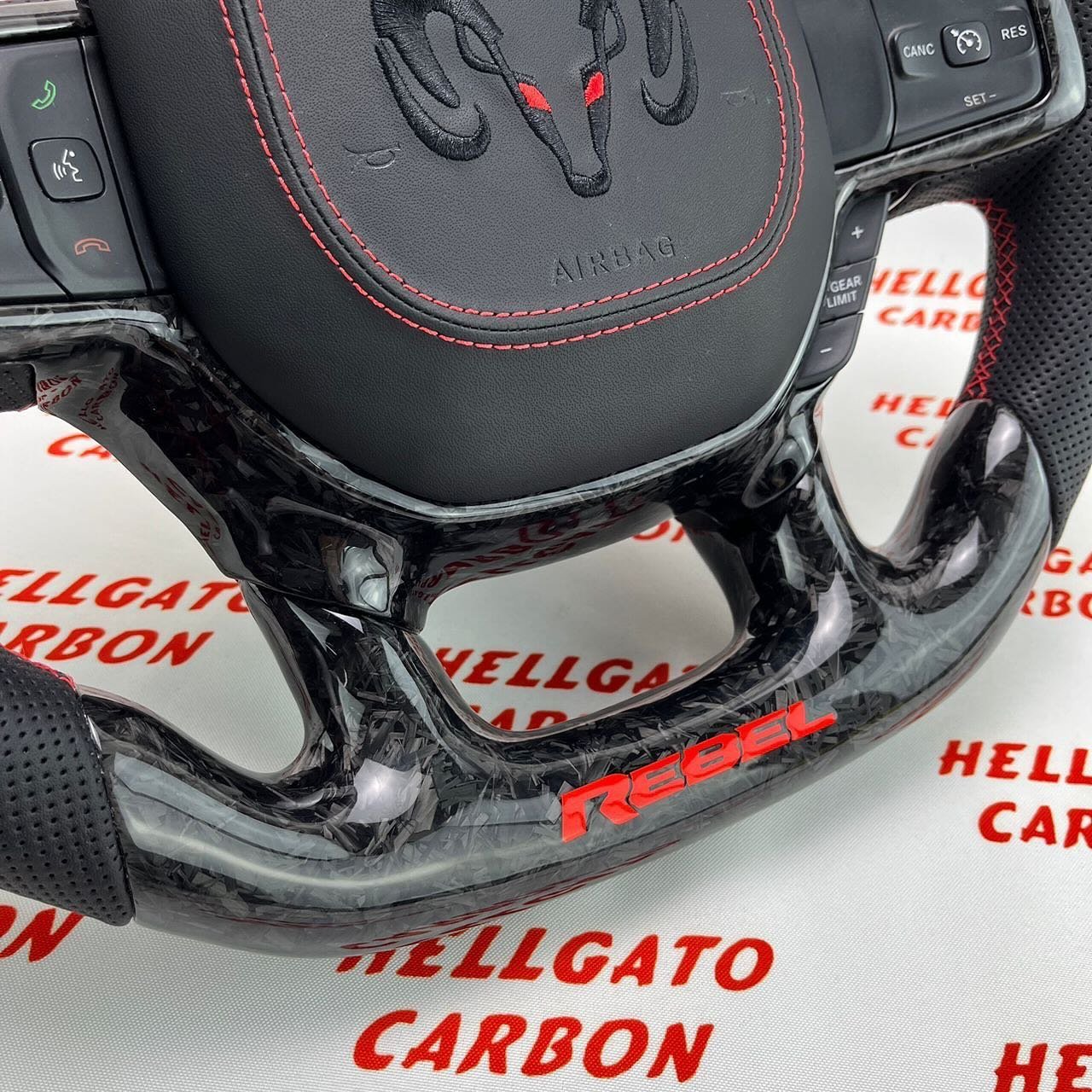 2021+ RAM 1500 Rebel Custom Black Forged Carbon Fiber Steering Wheel | OEM Flat Bottom | Heated | Rebel Edition - Image 5