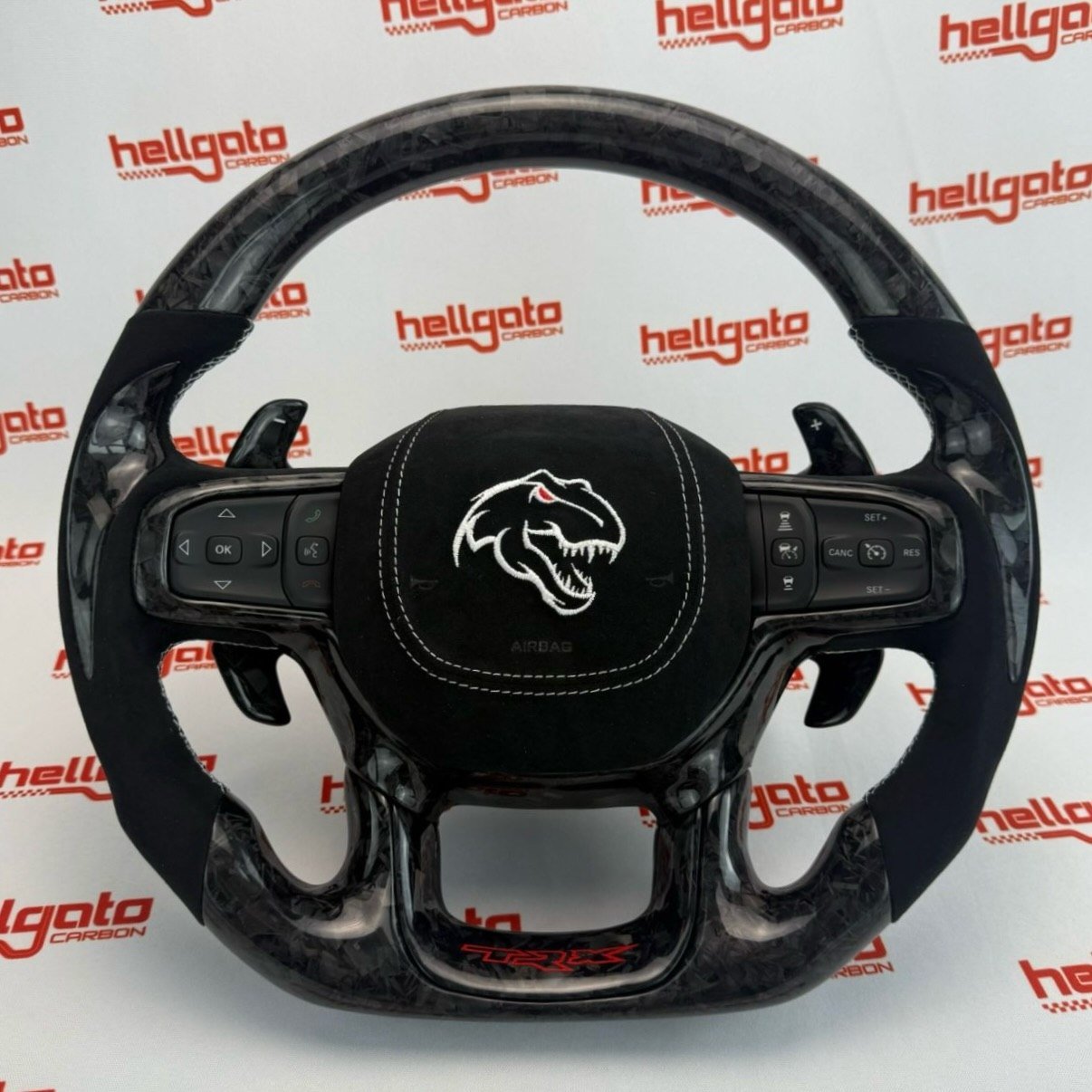 RAM TRX Custom Black Forged Carbon Fiber Steering Wheel | OEM Flat Bottom | Heated | Alcantara | TRX Redeye