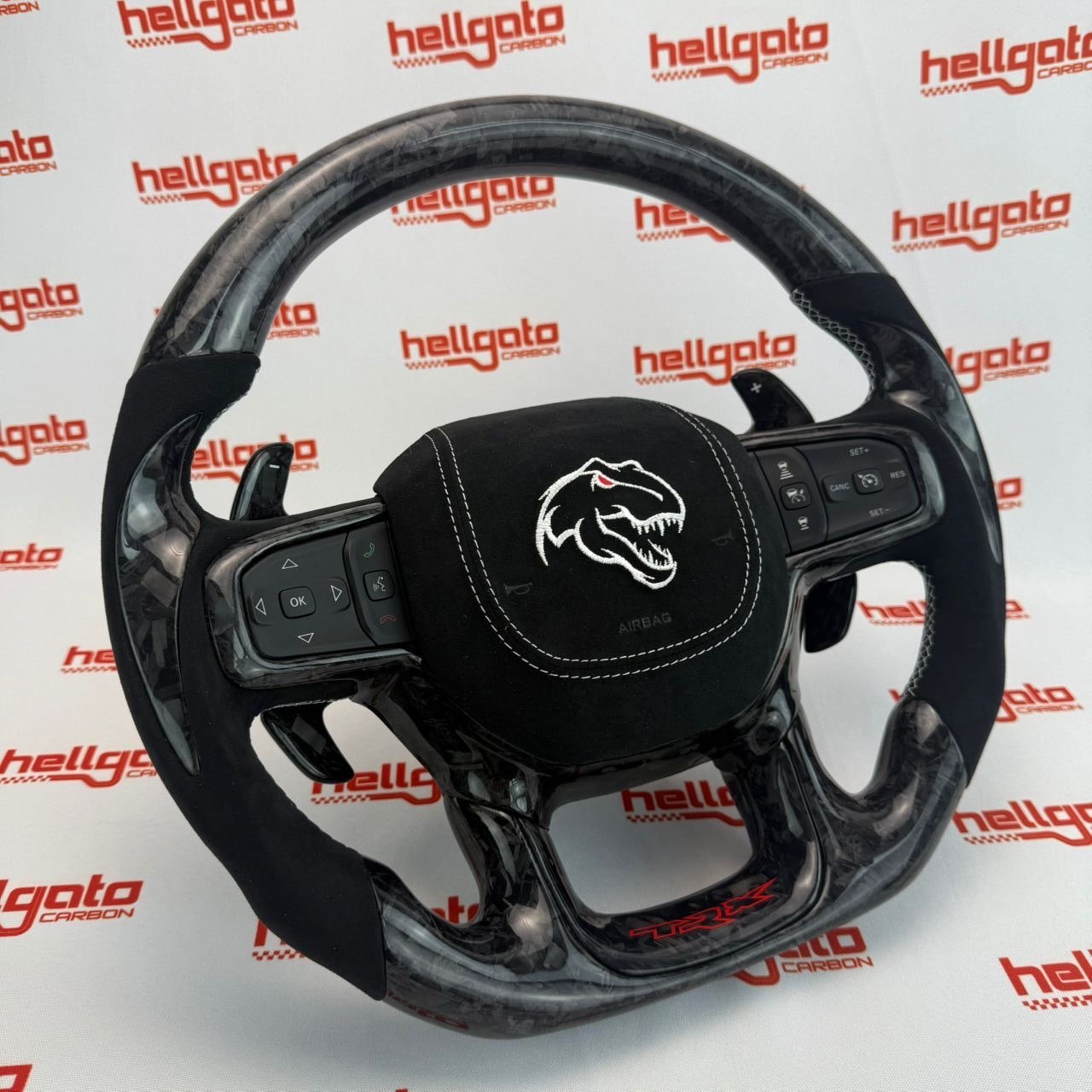 RAM TRX Custom Black Forged Carbon Fiber Steering Wheel | OEM Flat Bottom | Heated | Alcantara | TRX Redeye - Image 3