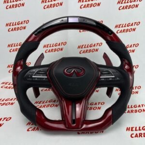 2017 Infiniti Q60 Custom Red Carbon Fiber Steering Wheel | OEM Flat Bottom | LED Shift Lights | Extended Paddle Shifters