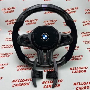 2024 BMW M8 Competition Custom Gloss Black Carbon Fiber Steering Wheel | OEM Flat Bottom | LED Shift Lights | Alcantara