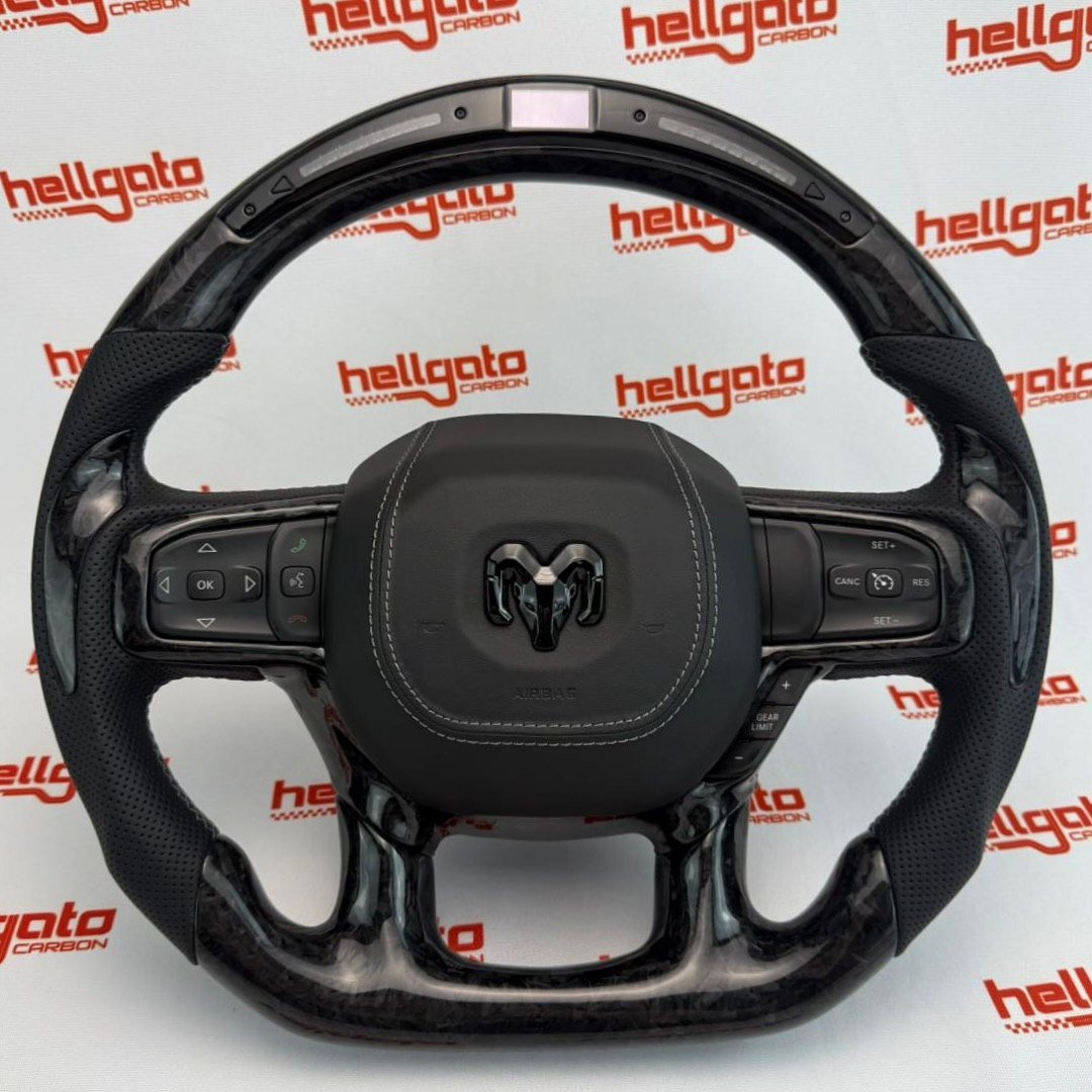 2019+ RAM 1500 Custom Black Forged Carbon Fiber Steering Wheel | Genuine OEM Flat Bottom | Heated | LED Shift Lights