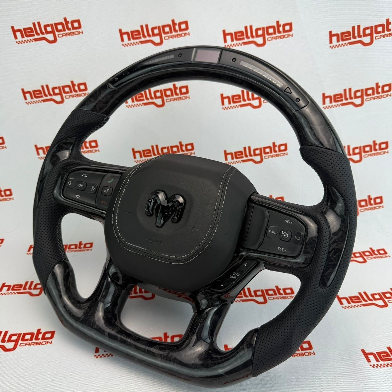 2019+ RAM 1500 Custom Black Forged Carbon Fiber Steering Wheel | Genuine OEM Flat Bottom | Heated | LED Shift Lights - Image 9