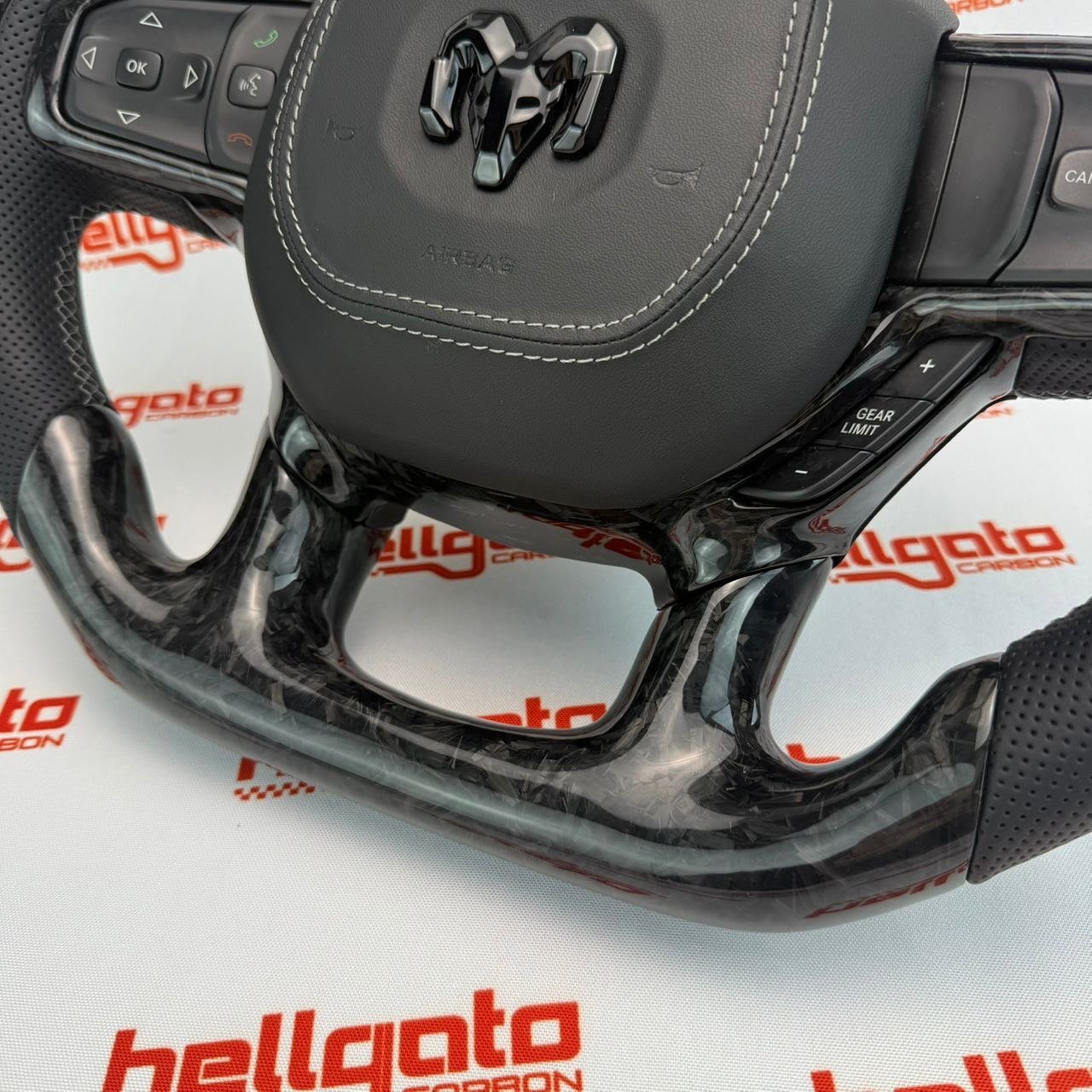 2019+ RAM 1500 Custom Black Forged Carbon Fiber Steering Wheel | Genuine OEM Flat Bottom | Heated | LED Shift Lights - Image 11