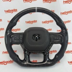 2019+ RAM 1500 Custom Black Forged Carbon Fiber Steering Wheel | Genuine OEM Flat Bottom | Light Gray Stitching