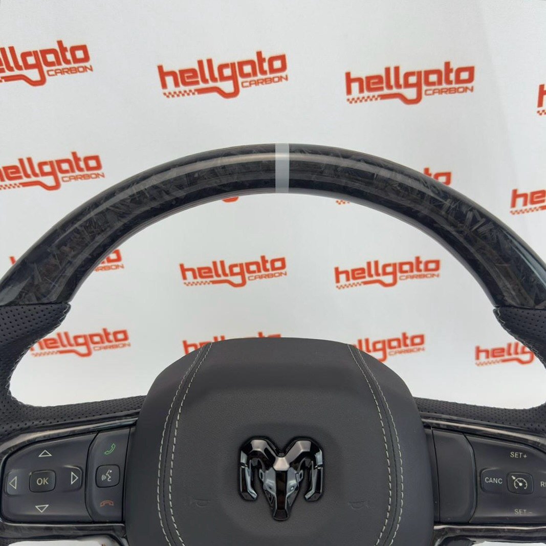 2019+ RAM 1500 Custom Black Forged Carbon Fiber Steering Wheel | Genuine OEM Flat Bottom | Light Gray Stitching - Image 3