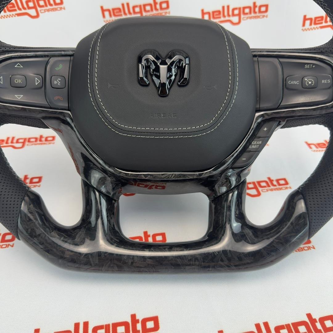 2019+ RAM 1500 Custom Black Forged Carbon Fiber Steering Wheel | Genuine OEM Flat Bottom | Light Gray Stitching - Image 4