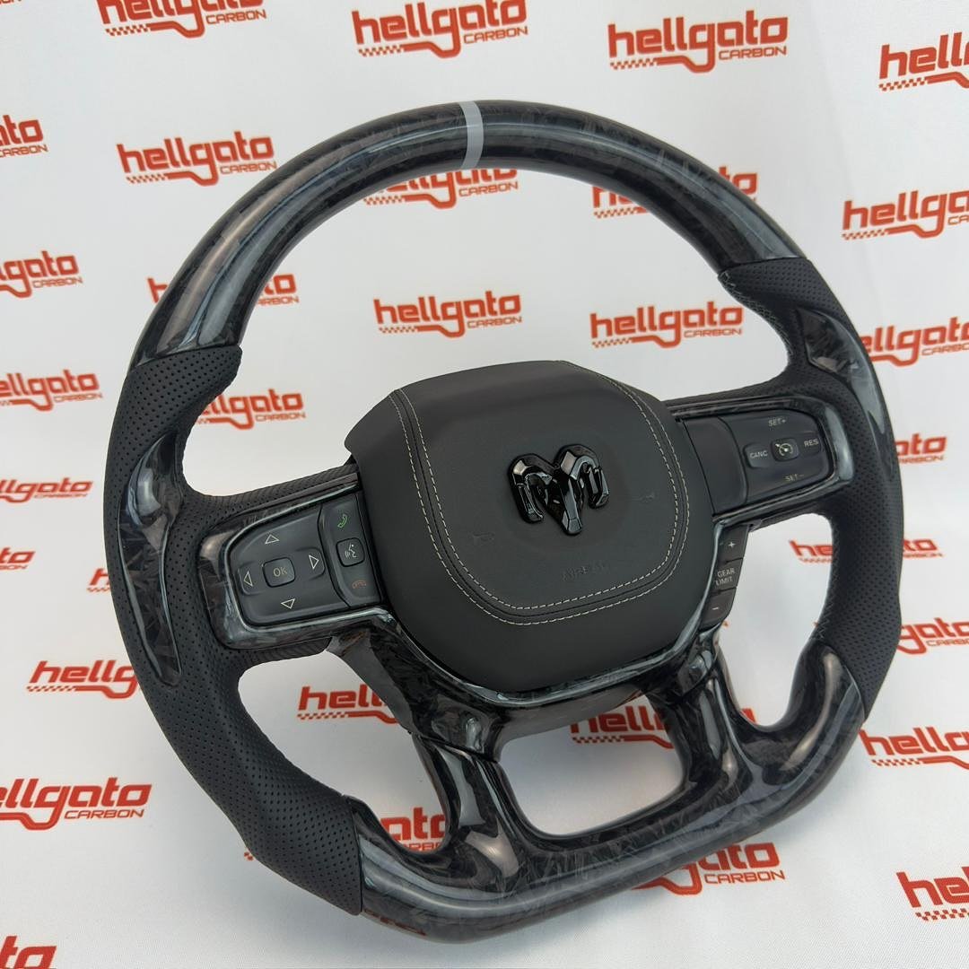 2019+ RAM 1500 Custom Black Forged Carbon Fiber Steering Wheel | Genuine OEM Flat Bottom | Light Gray Stitching - Image 5
