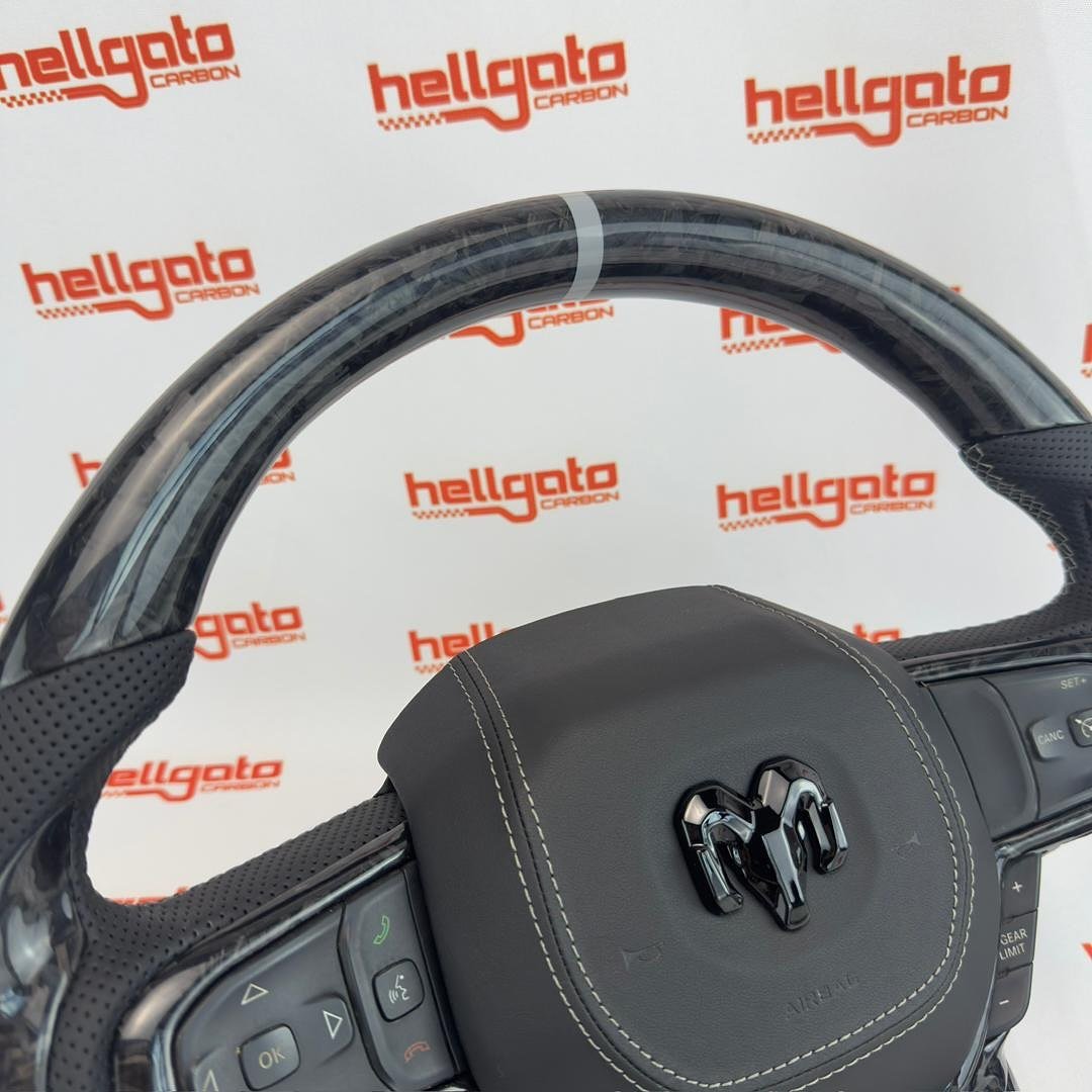 2019+ RAM 1500 Custom Black Forged Carbon Fiber Steering Wheel | Genuine OEM Flat Bottom | Light Gray Stitching - Image 6