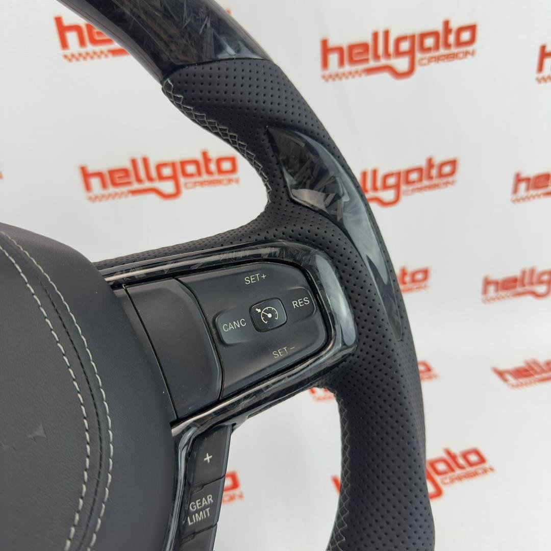 2019+ RAM 1500 Custom Black Forged Carbon Fiber Steering Wheel | Genuine OEM Flat Bottom | Light Gray Stitching - Image 7
