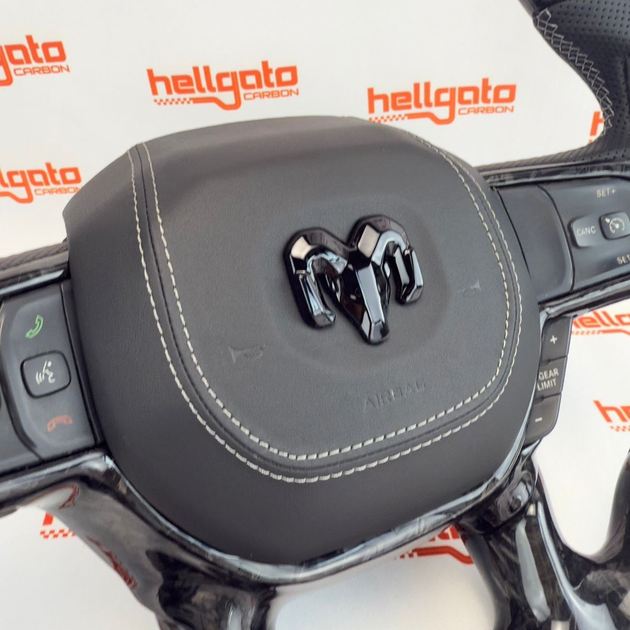 2019+ RAM 1500 Custom Black Forged Carbon Fiber Steering Wheel | Genuine OEM Flat Bottom | Light Gray Stitching - Image 8
