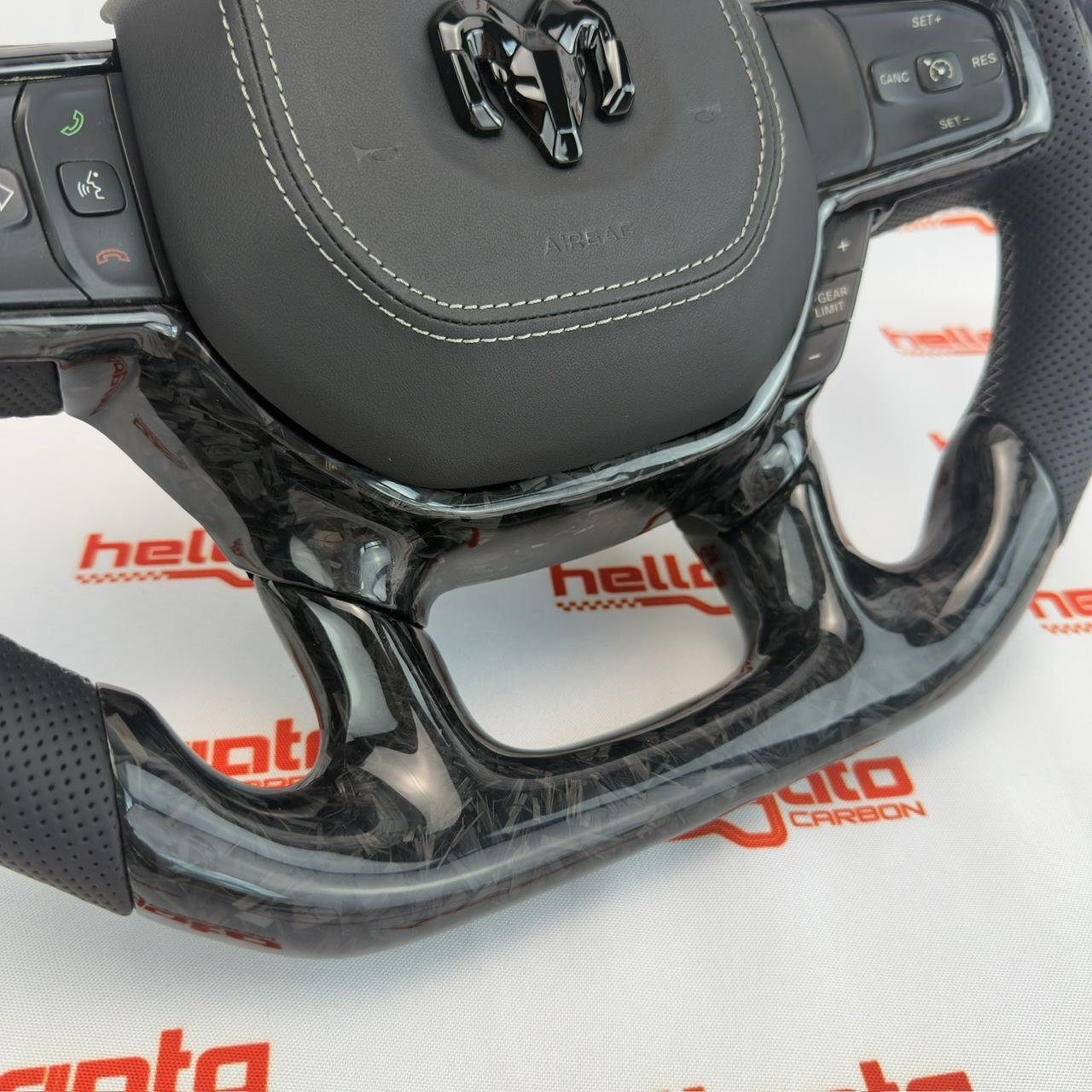 2019+ RAM 1500 Custom Black Forged Carbon Fiber Steering Wheel | Genuine OEM Flat Bottom | Light Gray Stitching - Image 9