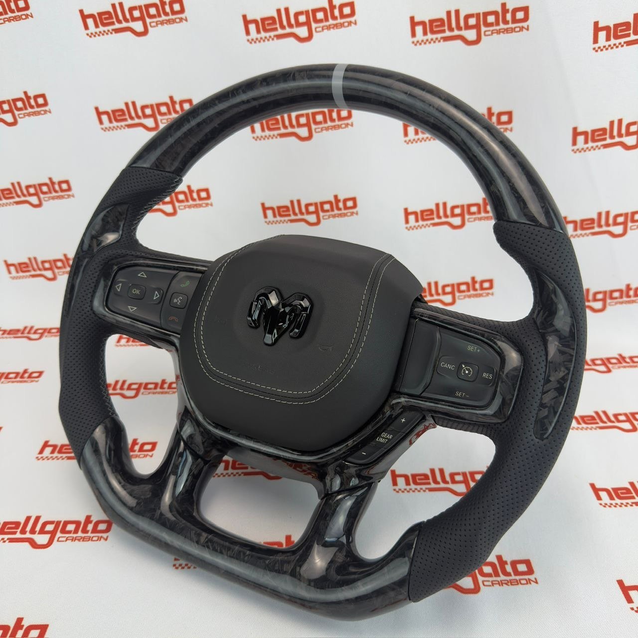 2019+ RAM 1500 Custom Black Forged Carbon Fiber Steering Wheel | Genuine OEM Flat Bottom | Light Gray Stitching - Image 10