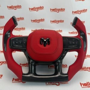 2019+ RAM Custom Gloss Black Carbon Fiber Fighter Jet Steering Wheel | Genuine OEM | Red Leather | Flat Bottom