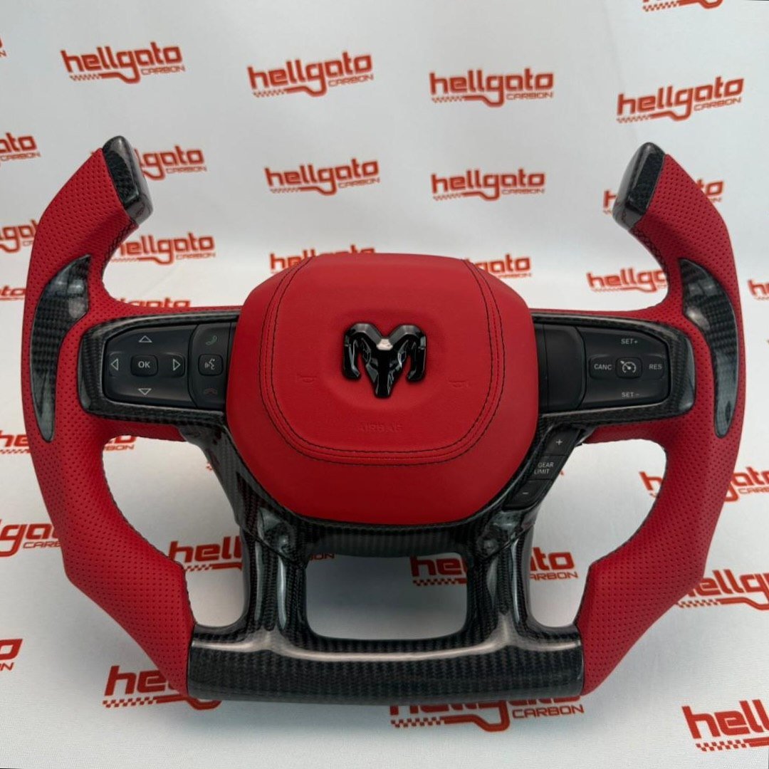 2019+ RAM Custom Gloss Black Carbon Fiber Fighter Jet Steering Wheel | Genuine OEM | Red Leather | Flat Bottom
