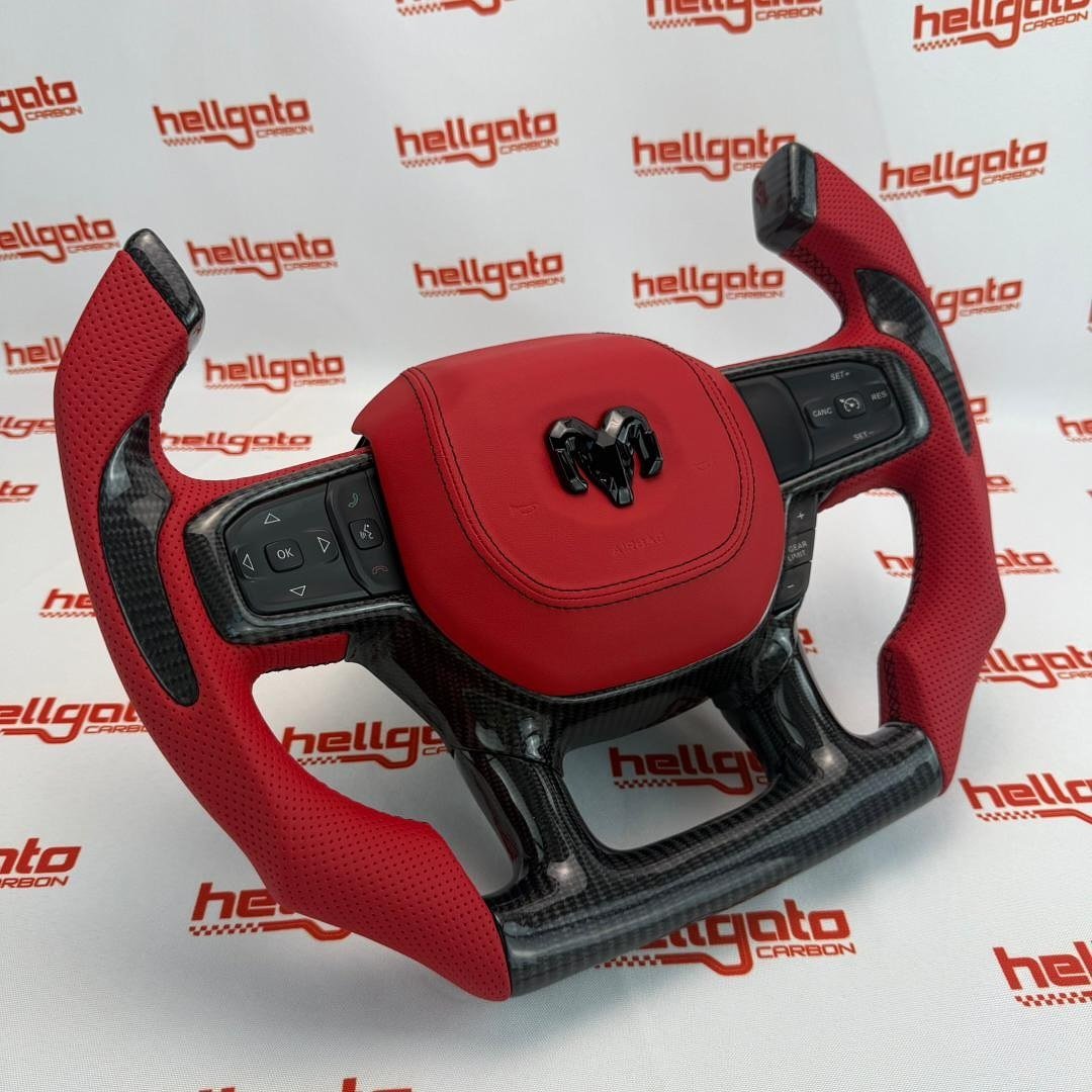 2019+ RAM Custom Gloss Black Carbon Fiber Fighter Jet Steering Wheel | Genuine OEM | Red Leather | Flat Bottom - Image 3