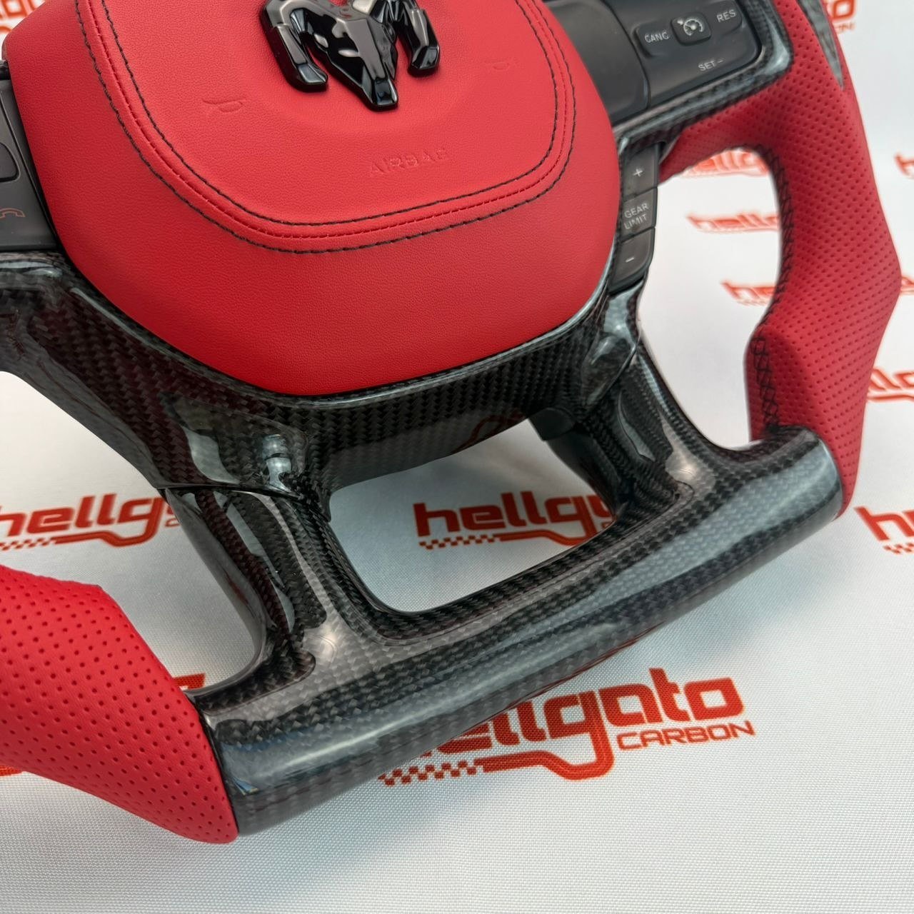 2019+ RAM Custom Gloss Black Carbon Fiber Fighter Jet Steering Wheel | Genuine OEM | Red Leather | Flat Bottom - Image 5