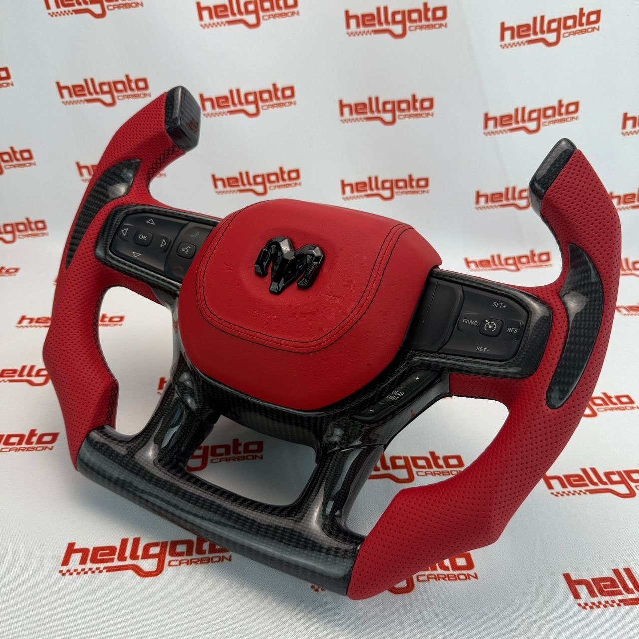 2019+ RAM Custom Gloss Black Carbon Fiber Fighter Jet Steering Wheel | Genuine OEM | Red Leather | Flat Bottom - Image 6