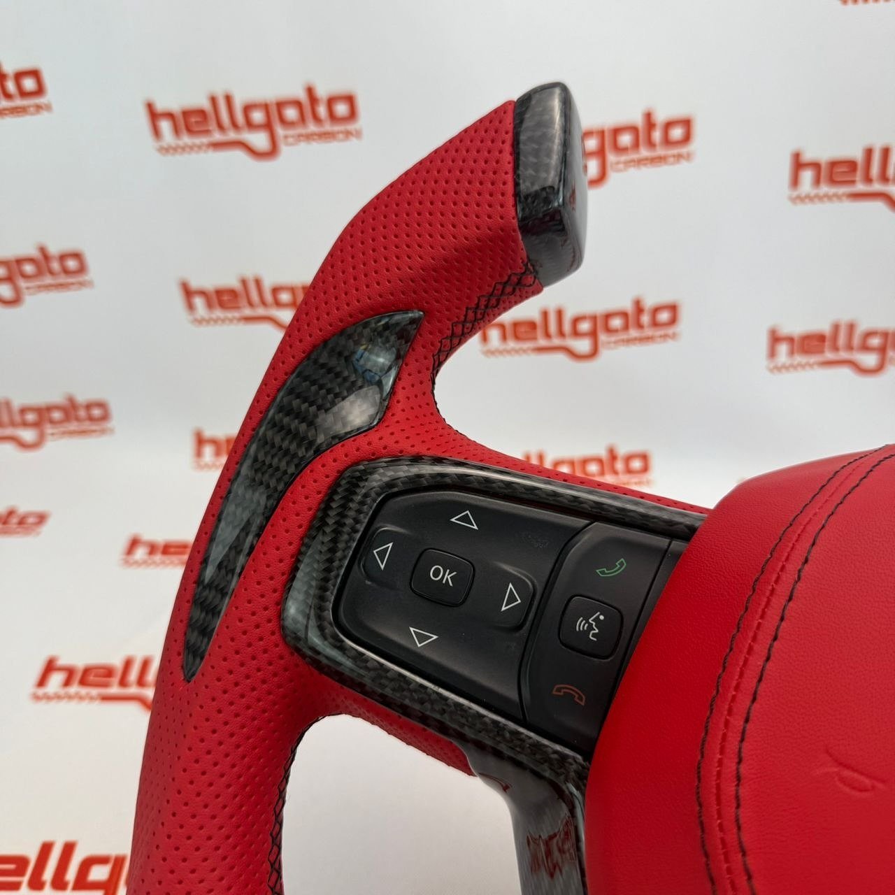 2019+ RAM Custom Gloss Black Carbon Fiber Fighter Jet Steering Wheel | Genuine OEM | Red Leather | Flat Bottom - Image 7