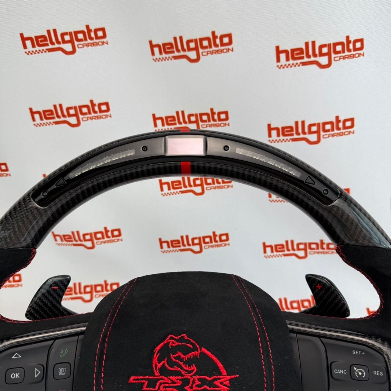 RAM TRX Custom Gloss Black Carbon Fiber Steering Wheel | Genuine OEM Flat Bottom | Heated | LED Shift Lights | Italian Alcantara - Image 3
