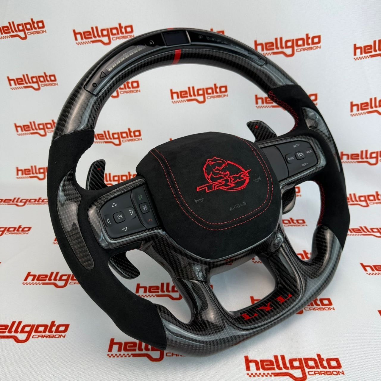 RAM TRX Custom Gloss Black Carbon Fiber Steering Wheel | Genuine OEM Flat Bottom | Heated | LED Shift Lights | Italian Alcantara - Image 5