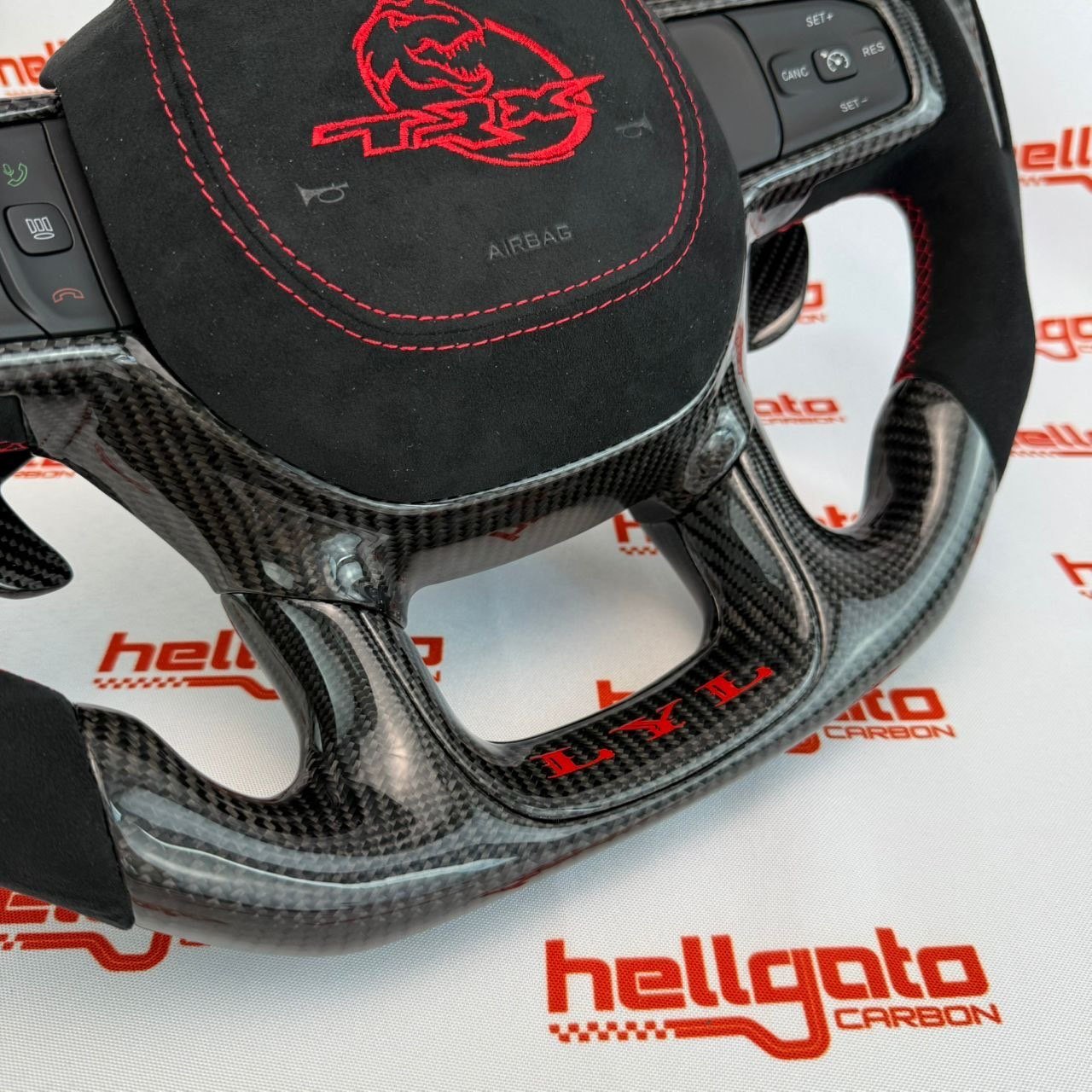 RAM TRX Custom Gloss Black Carbon Fiber Steering Wheel | Genuine OEM Flat Bottom | Heated | LED Shift Lights | Italian Alcantara - Image 8