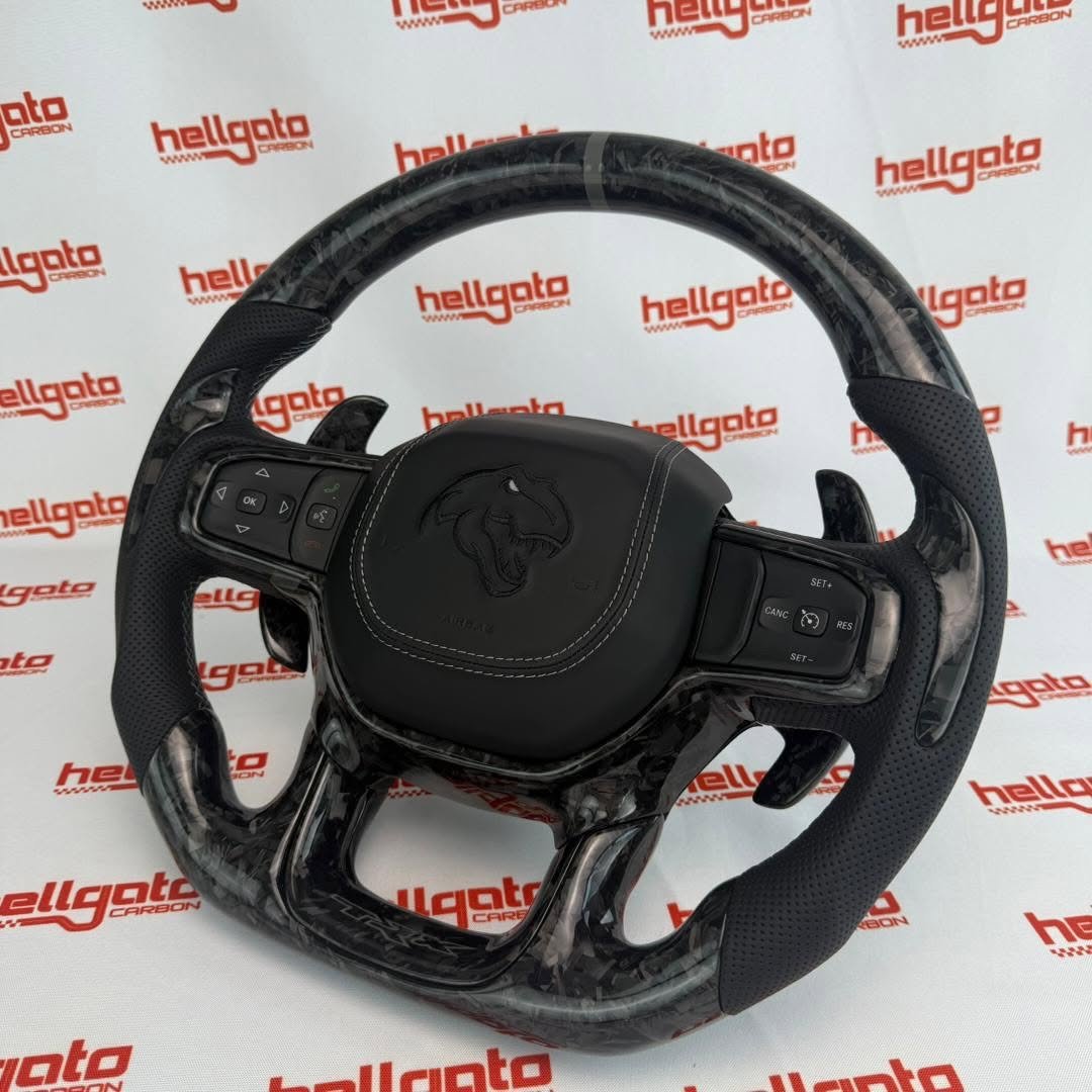 RAM TRX Custom Black Forged Carbon Fiber Steering Wheel | Genuine OEM Flat Bottom | Heated | Light Gray Stitching | TRX Redeye - Image 9