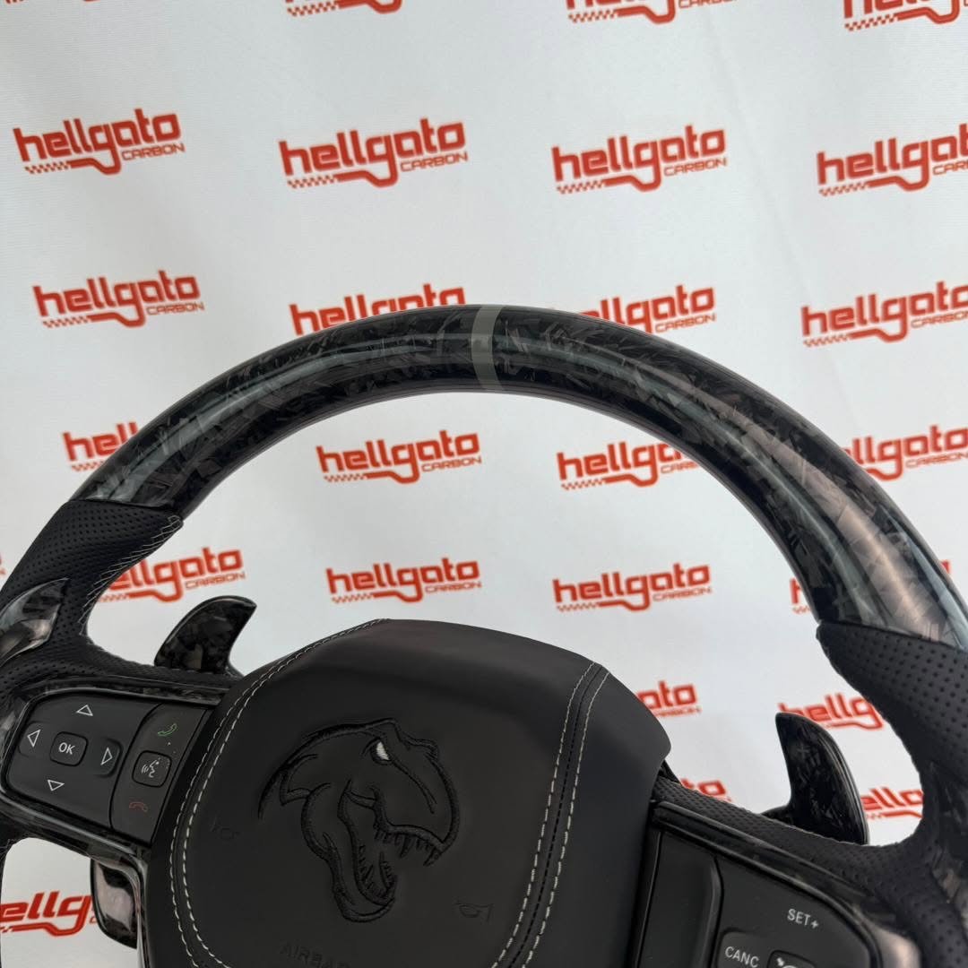 RAM TRX Custom Black Forged Carbon Fiber Steering Wheel | Genuine OEM Flat Bottom | Heated | Light Gray Stitching | TRX Redeye - Image 8