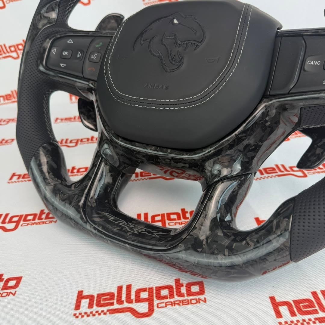 RAM TRX Custom Black Forged Carbon Fiber Steering Wheel | Genuine OEM Flat Bottom | Heated | Light Gray Stitching | TRX Redeye - Image 10