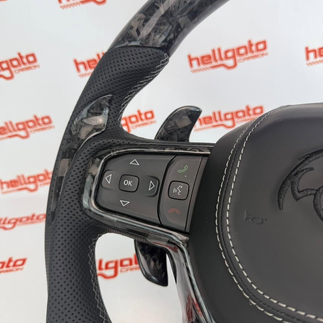 RAM TRX Custom Black Forged Carbon Fiber Steering Wheel | Genuine OEM Flat Bottom | Heated | Light Gray Stitching | TRX Redeye - Image 11
