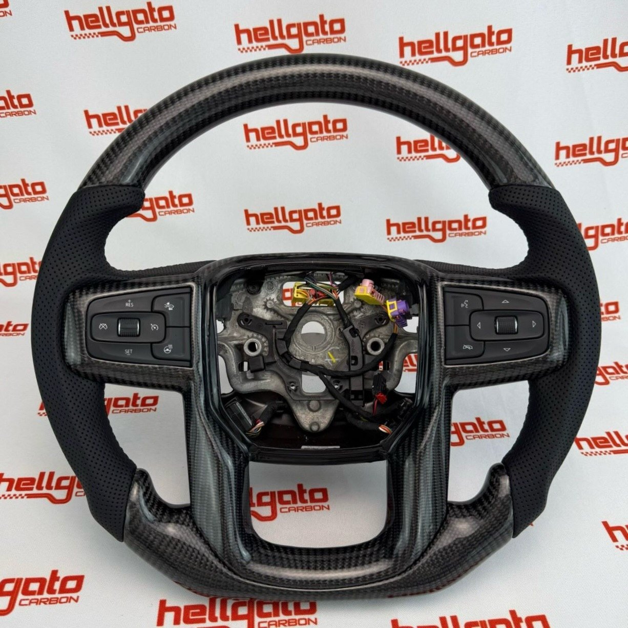 2019–2026 GMC Sierra 2500 Custom Gloss Black Carbon Fiber Steering Wheel | Genuine OEM Flat Bottom | Black Leather - Image 2