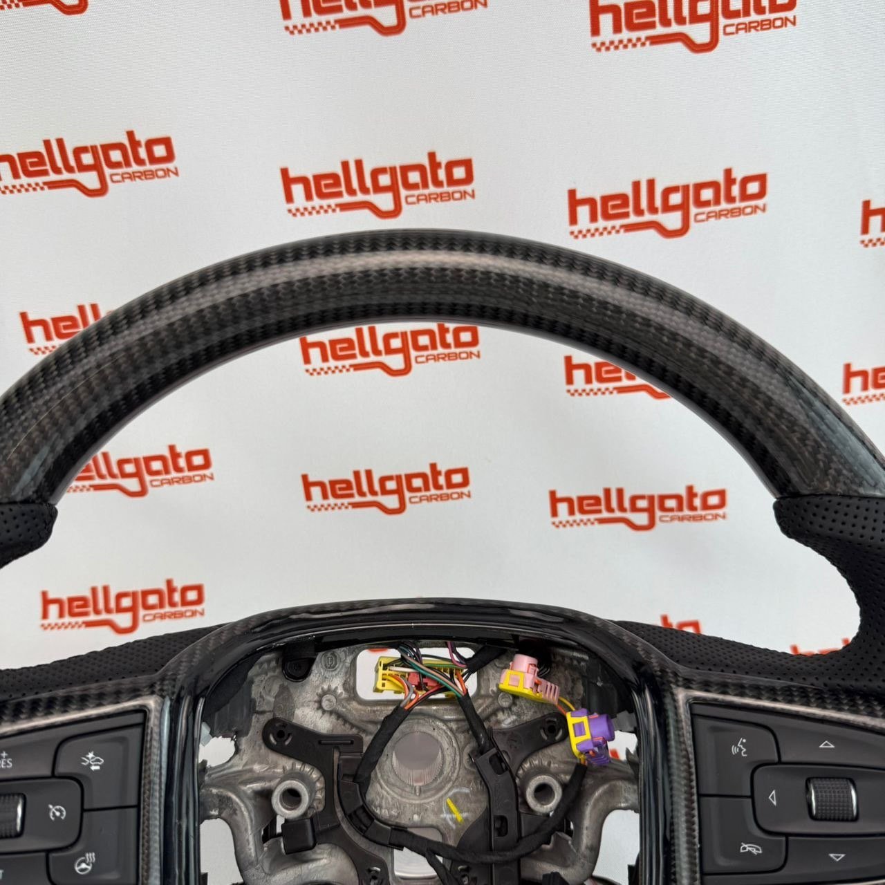 2019–2026 GMC Sierra 2500 Custom Gloss Black Carbon Fiber Steering Wheel | Genuine OEM Flat Bottom | Black Leather - Image 3
