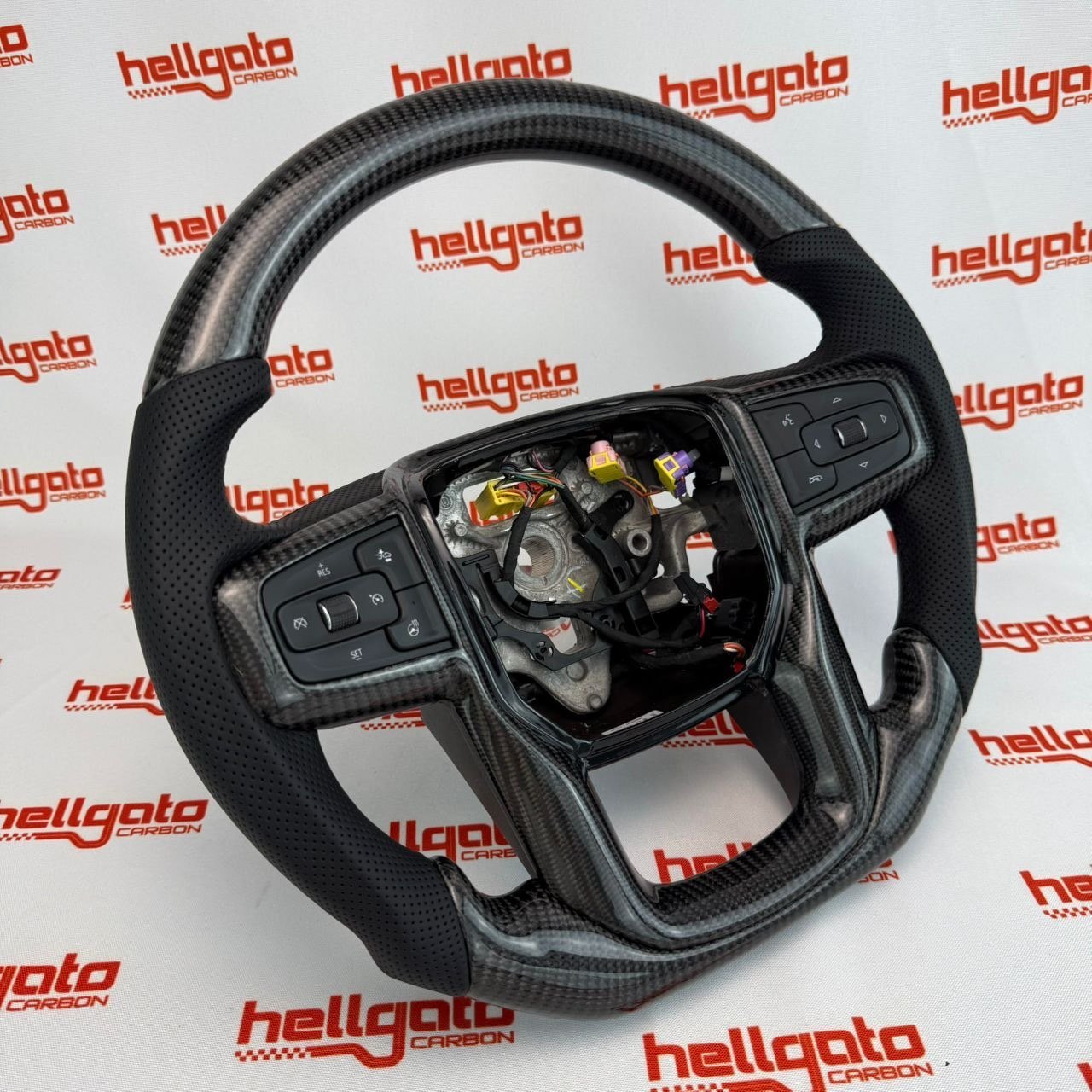 2019–2026 GMC Sierra 2500 Custom Gloss Black Carbon Fiber Steering Wheel | Genuine OEM Flat Bottom | Black Leather - Image 5