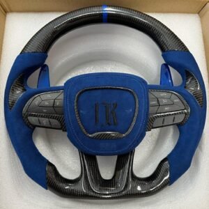 Full Custom OEM Gloss Black Carbon Steering Wheel for Dodge Charger – Blue Alcantara Edition