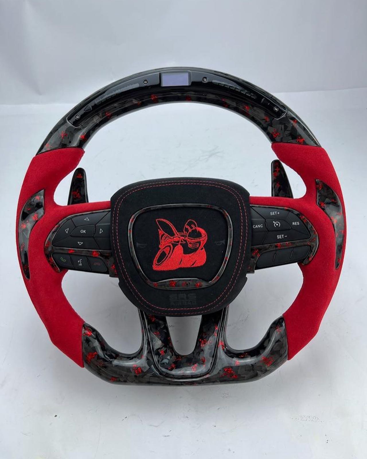 Full Custom OEM Red Forged Carbon Steering Wheel for Dodge – LED Shift Lights & Alcantara Edition