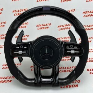 Custom 2020 Mercedes-Benz C63 AMG Steering Wheel – Gloss Black Carbon Fiber | Flat Bottom | LED Shift Lights | Alcantara