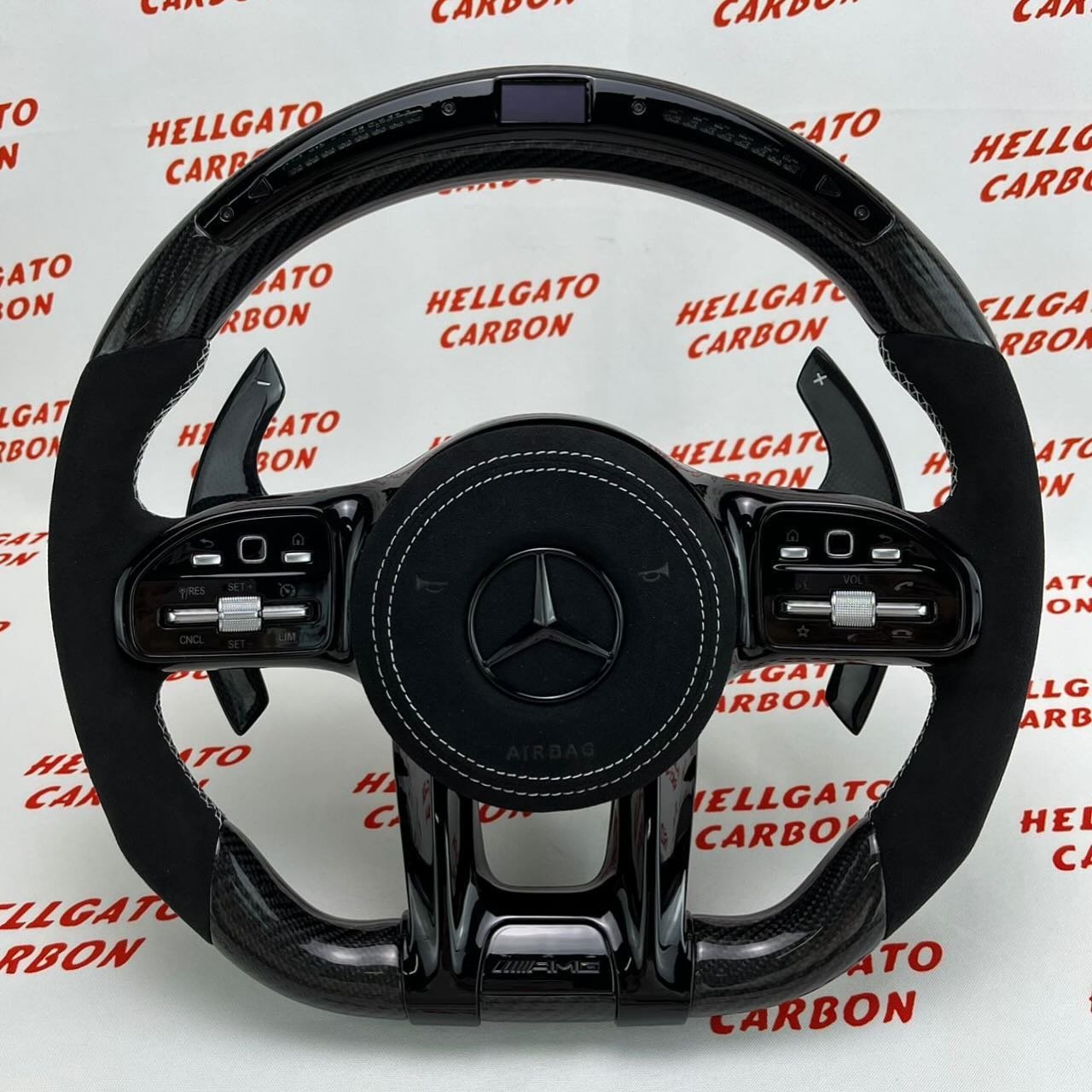 Custom 2020 Mercedes-Benz C63 AMG Steering Wheel – Gloss Black Carbon Fiber | Flat Bottom | LED Shift Lights | Alcantara